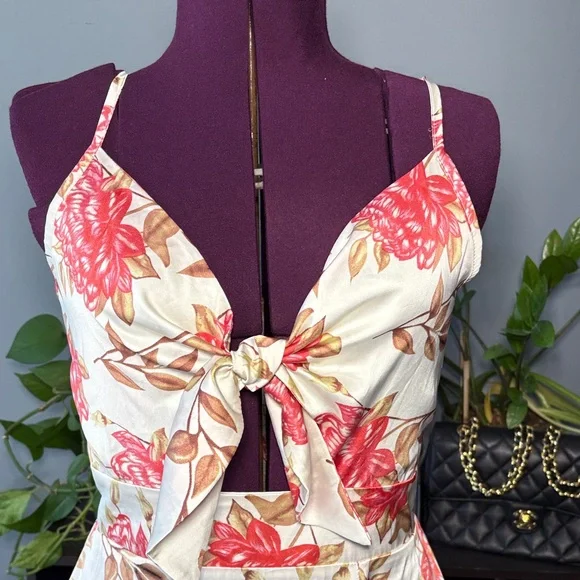 Floral Tie-Front Midi Dress in Cream and Coral - Picture 2 of 7